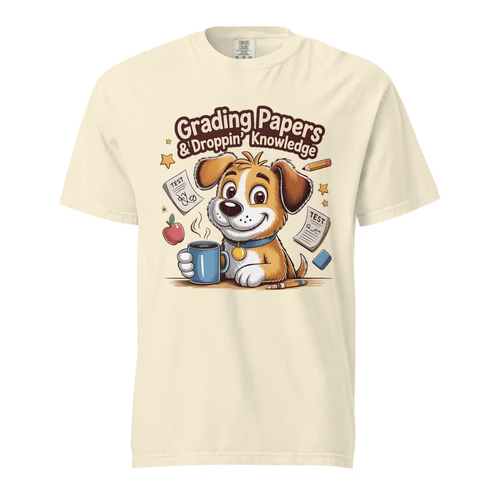 Cartoon teacher dog with coffee mug, papers, and pencil surrounded by stars with the quote "Grading Papers & Droppin’ Knowledge"