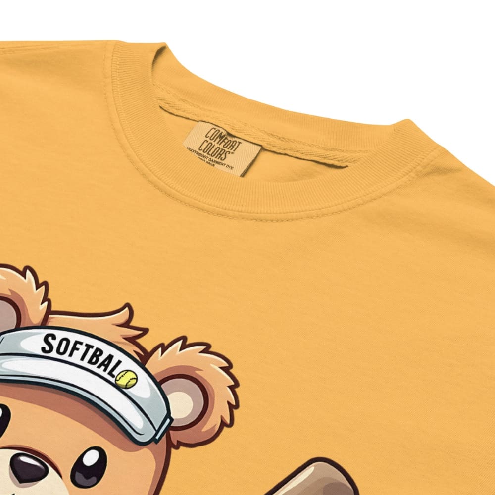 Cartoon bear holding softball bats and ball wearing a visor labeled “Softball” – printed on garment-dyed heavyweight t-shirt for sporty moms