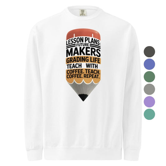 White long-sleeve shirt with colorful text design on a white background