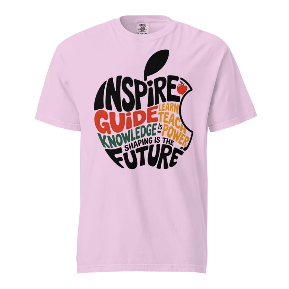 Pink t-shirt with an apple graphic and text on a white background
