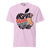 Pink t-shirt with an apple graphic and text on a white background