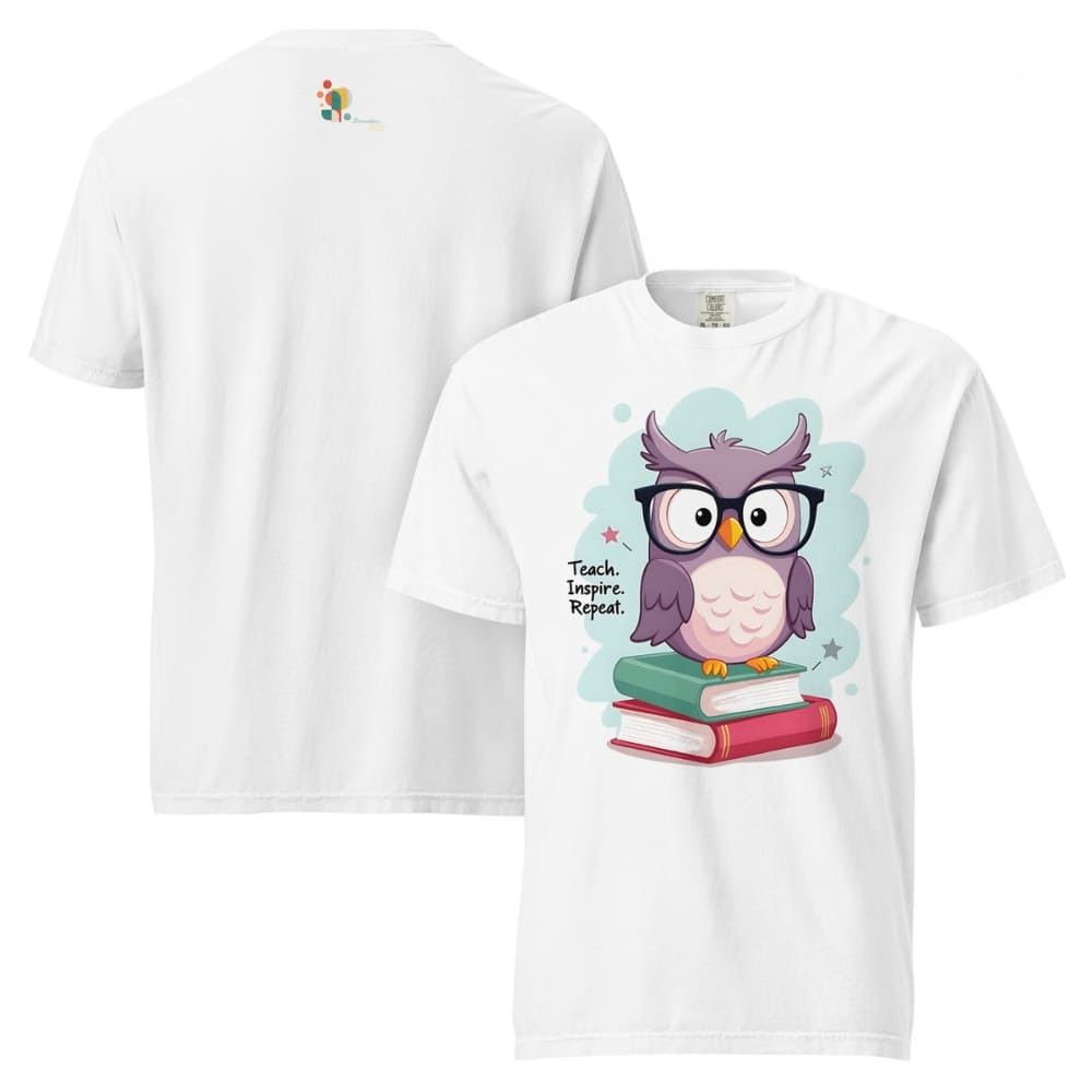 Cute purple owl with glasses sitting on stacked books, with quote "Teach. Inspire. Repeat." – printed on a teacher t-shirt
