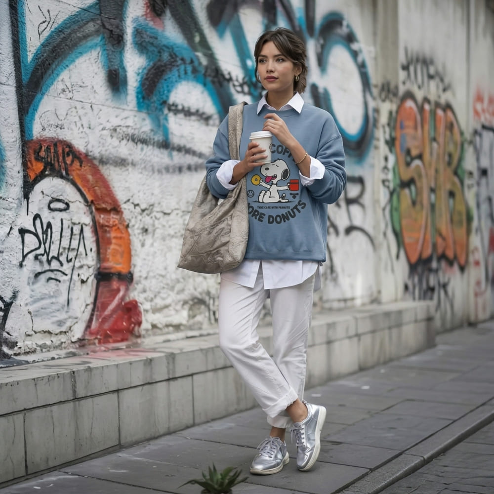 Woman walking on a sidewalk holding a coffee cup in front of a graffiti-covered wall.