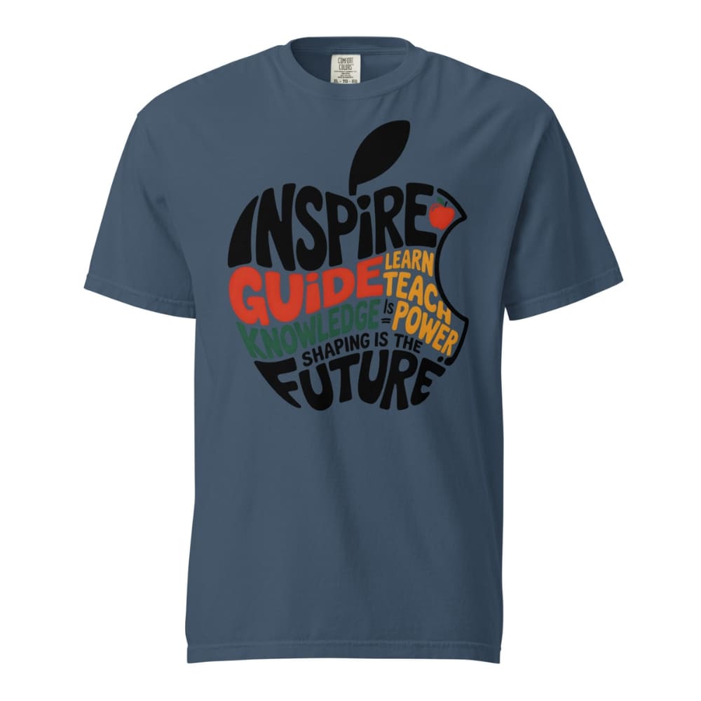 Blue t-shirt with an apple design and motivational text on a white background