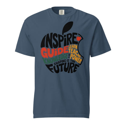 Blue t-shirt with an apple design and motivational text on a white background