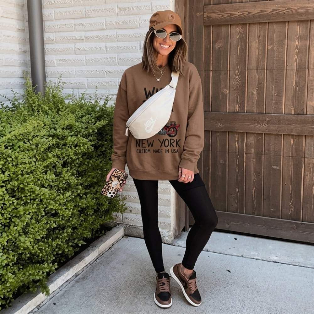Woman wearing a brown sweatshirt with text, black leggings, and brown shoes, standing in front of a wooden gate.
