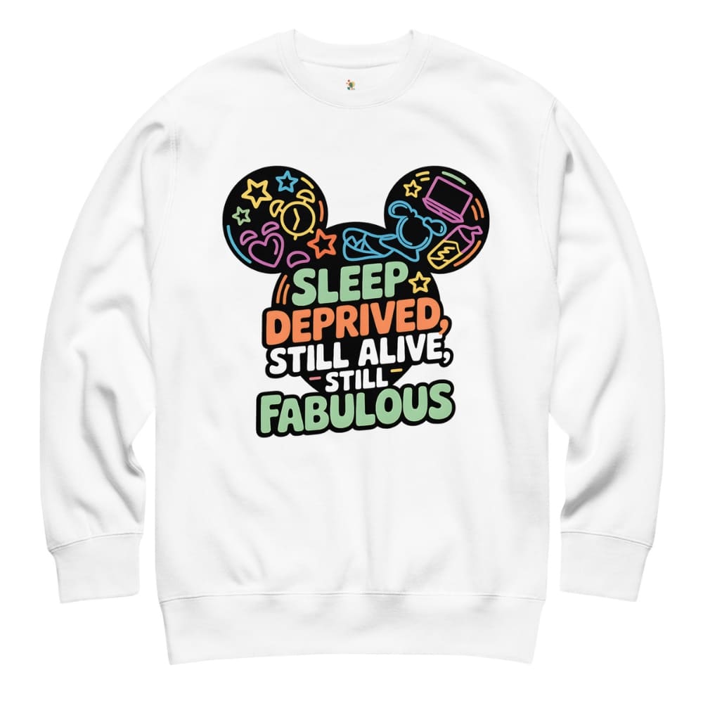 White sweatshirt with colorful graphic and text on a white background