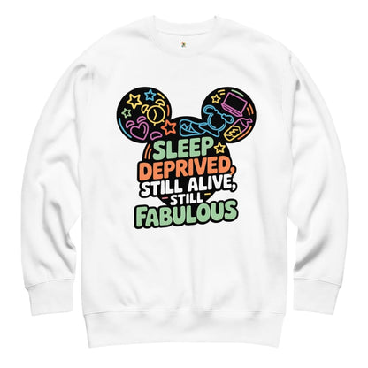 White sweatshirt with colorful graphic and text on a white background