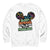 White sweatshirt with colorful graphic and text on a white background