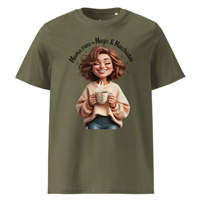 Green t-shirt with a graphic of a woman holding a cup and text on a white background