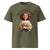 Green t-shirt with a graphic of a woman holding a cup and text on a white background
