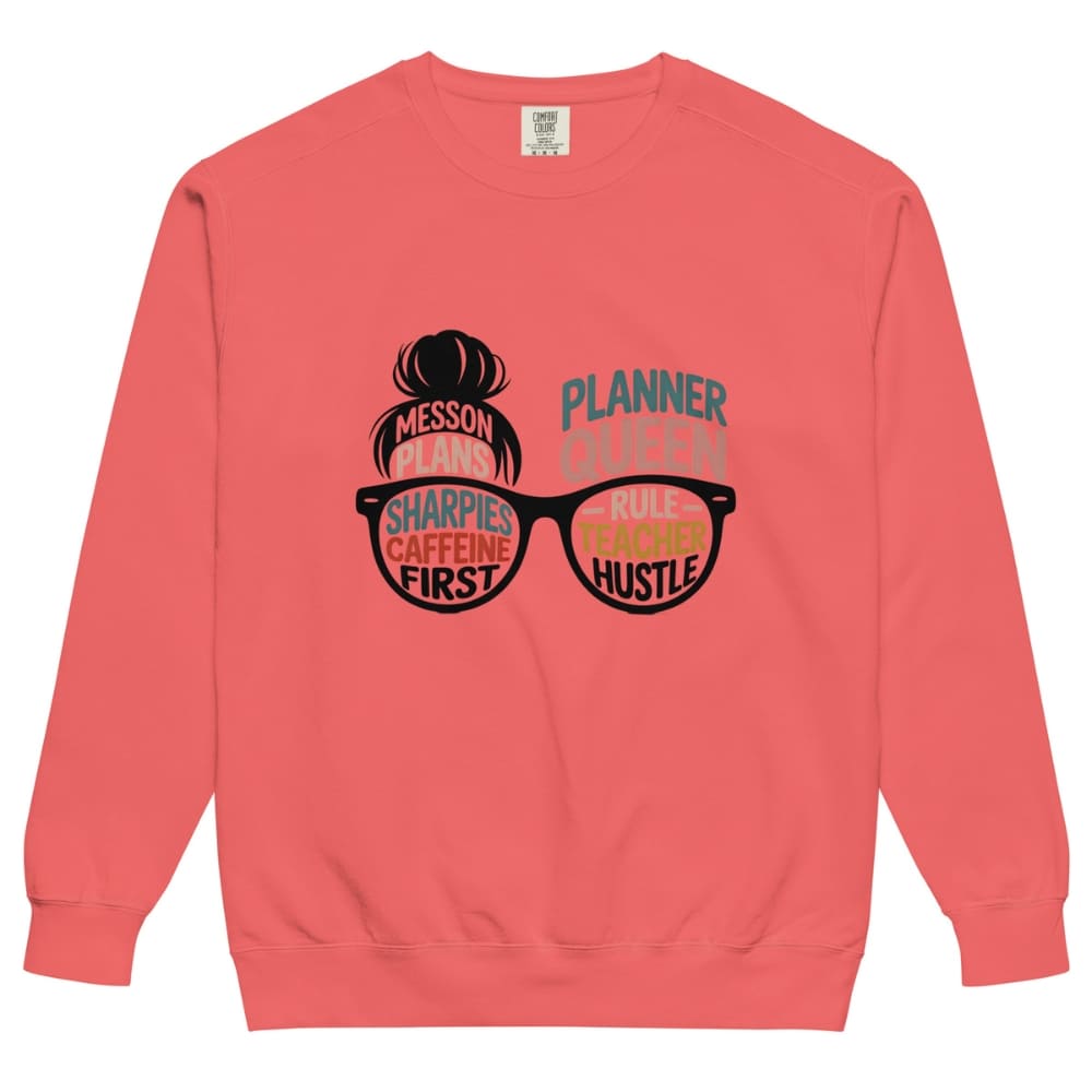 Coral sweatshirt with graphic design and text on a white background