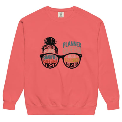 Coral sweatshirt with graphic design and text on a white background