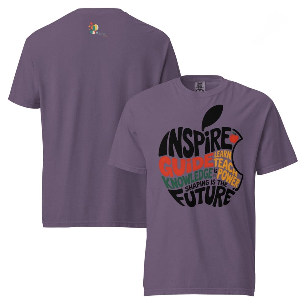 Purple t-shirt with educational-themed design on a white background