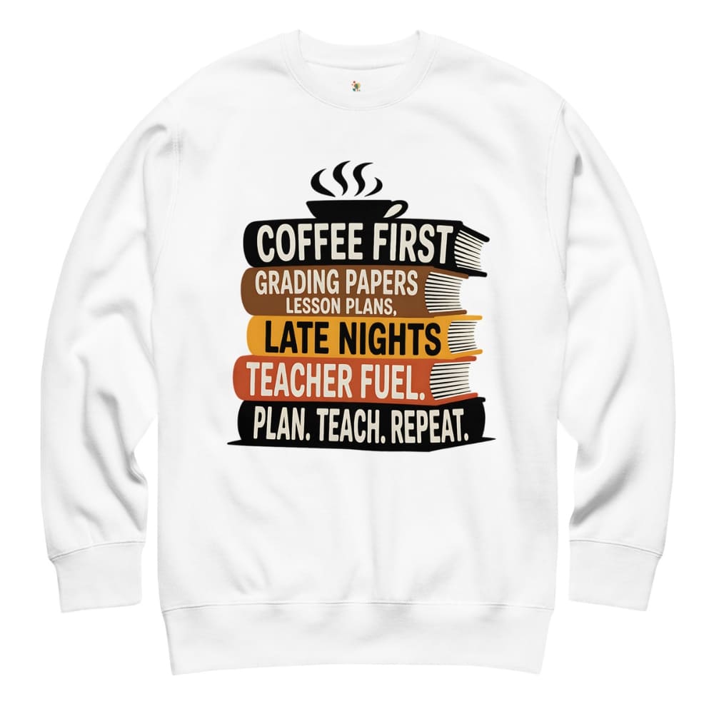 White sweatshirt with text design on a white background