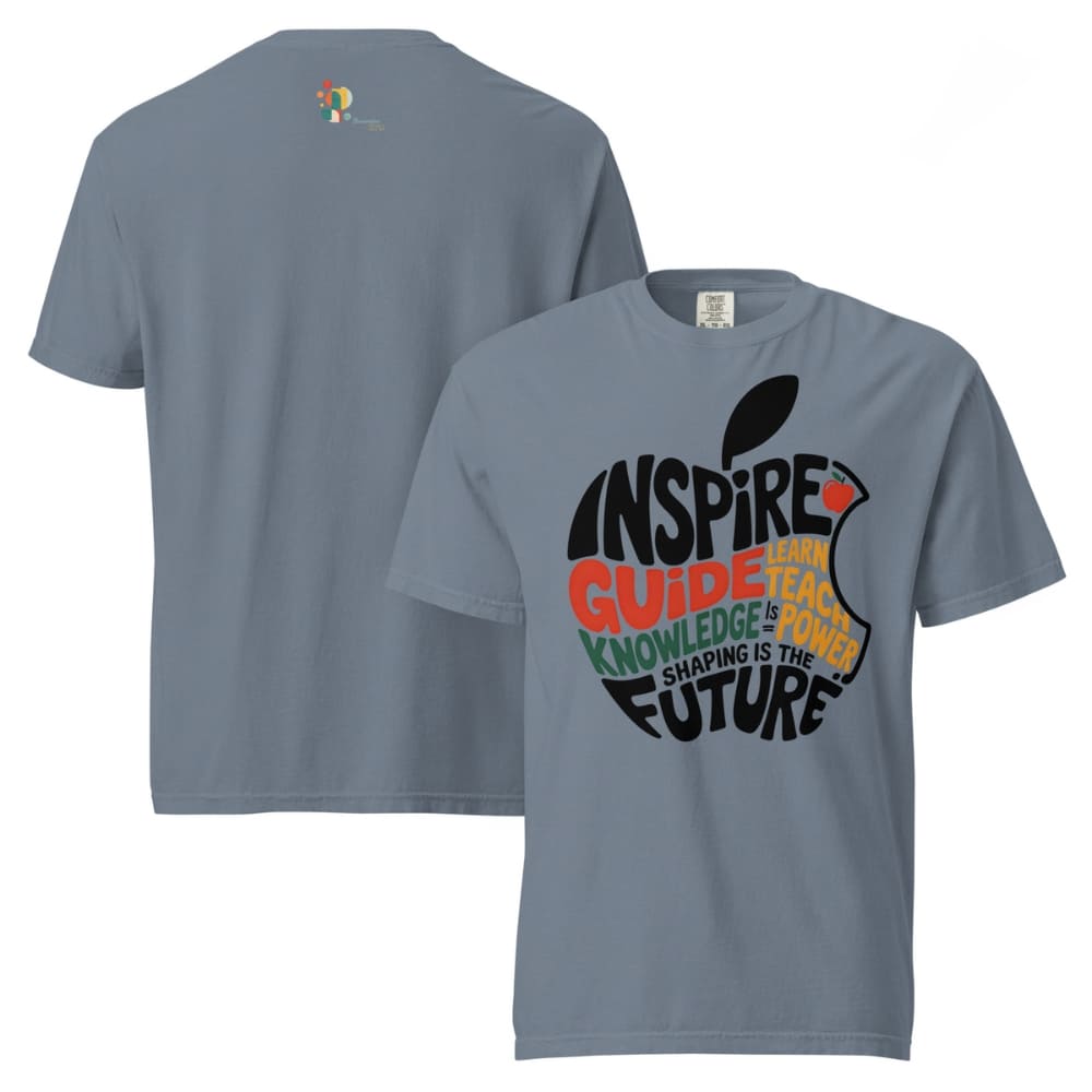 Gray t-shirt with an apple design and motivational text on a white background
