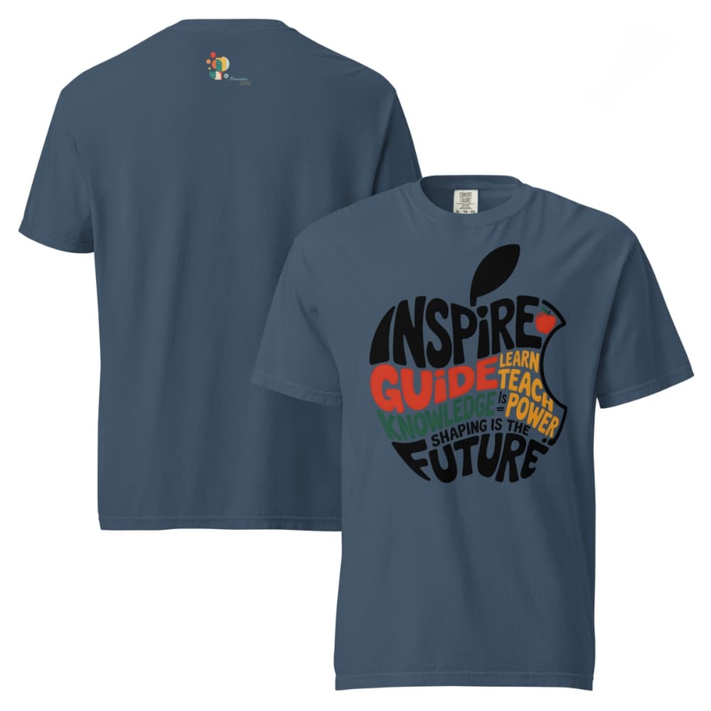 Blue t-shirt with educational-themed design on front and back