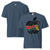 Blue t-shirt with educational-themed design on front and back