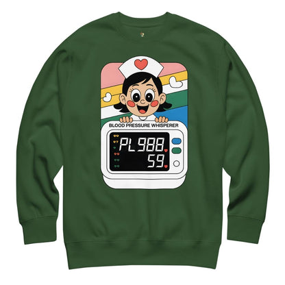 Green sweatshirt with a cartoon nurse design on a white background