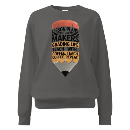 Gray sweatshirt with a pencil graphic and text on a white background