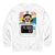 White sweatshirt with cartoon character and blood pressure monitor design on a white background