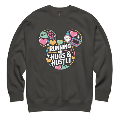 Black sweatshirt with colorful graphic and text 'Running on Hugs & Hustle' on a white background