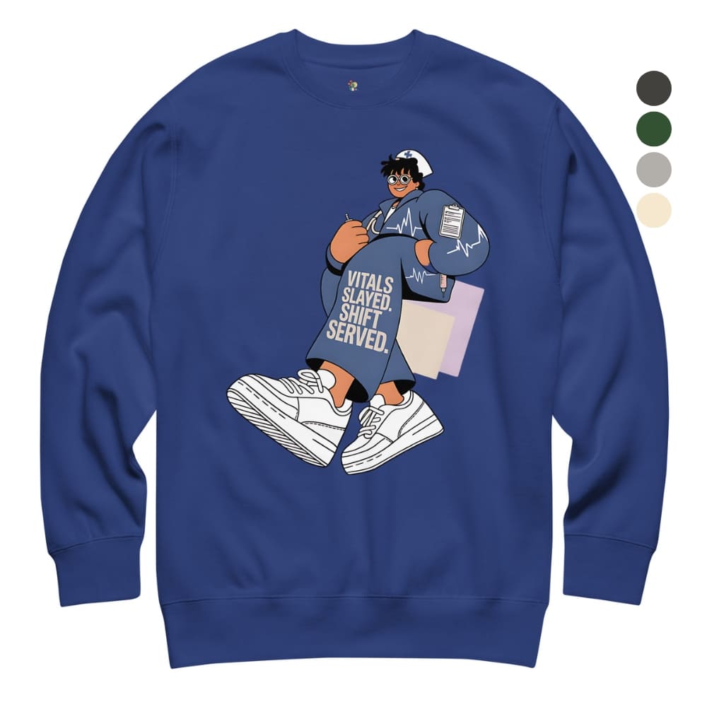 Blue sweatshirt with graphic design of a person sitting and holding a shirt, on a white background.