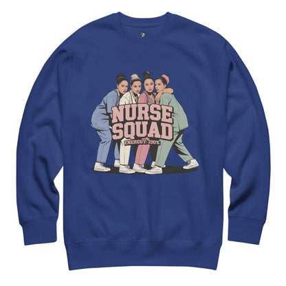 Blue sweatshirt with 'Nurse Squad' graphic on a white background