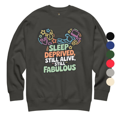 Black sweatshirt with colorful graphic and text on a white background