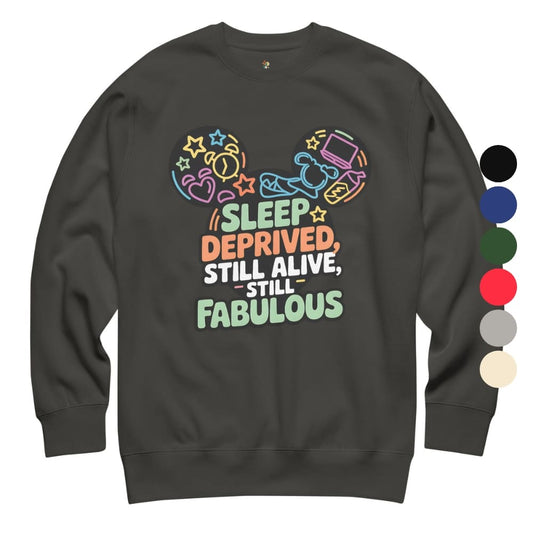 Black sweatshirt with colorful graphic and text on a white background