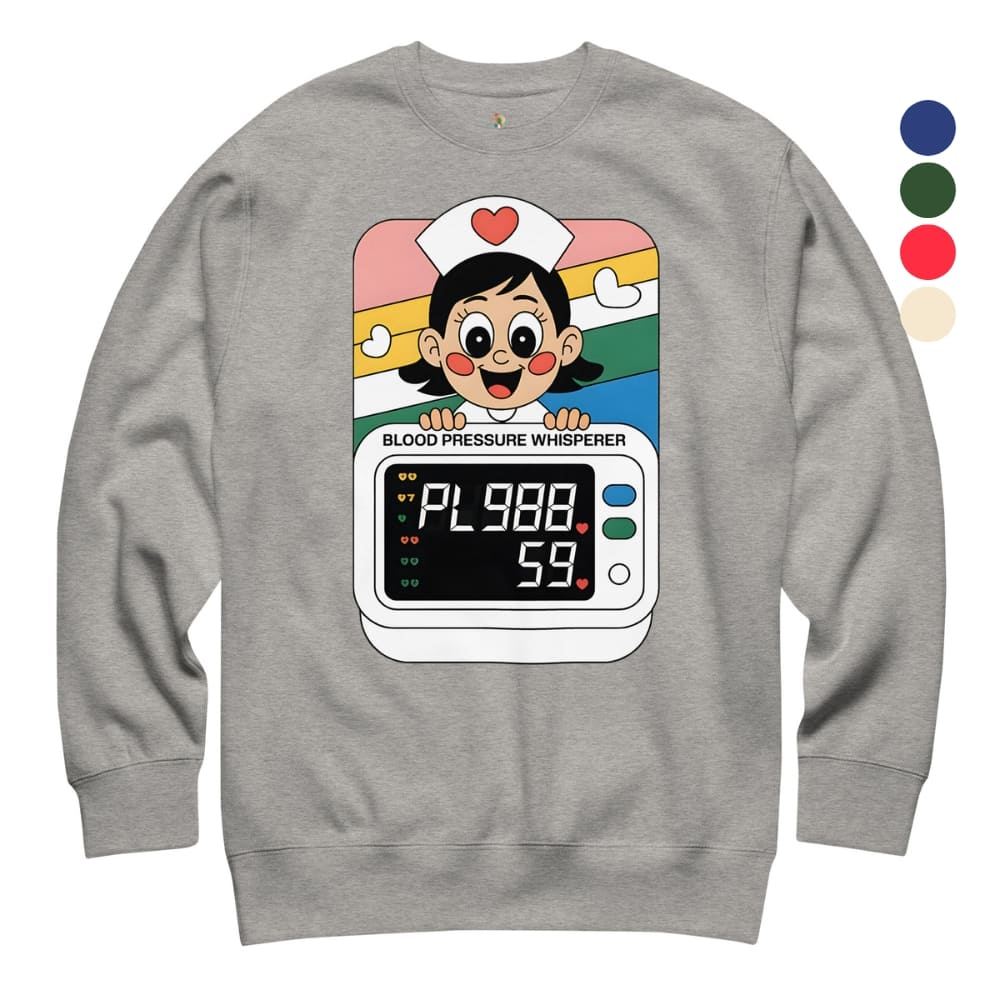 Gray sweatshirt with a cartoon character and digital display design on a white background