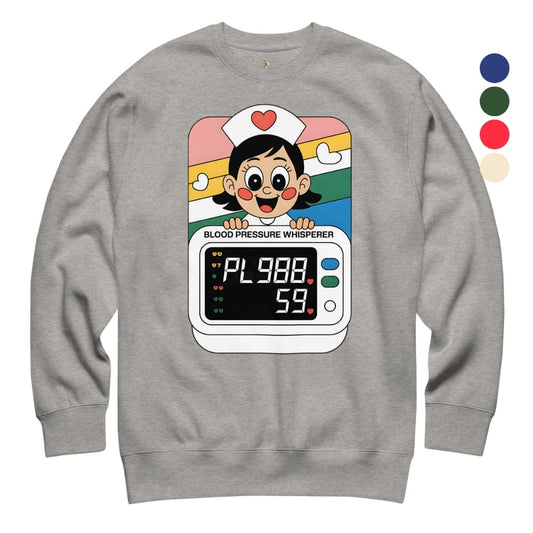 Gray sweatshirt with a cartoon character and digital display design on a white background
