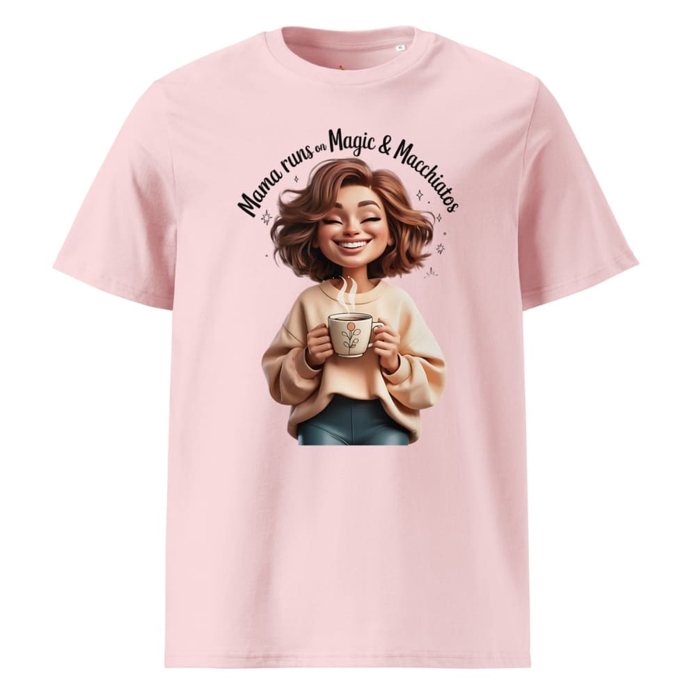 Pink t-shirt with a graphic of a woman holding a mug and text on a white background