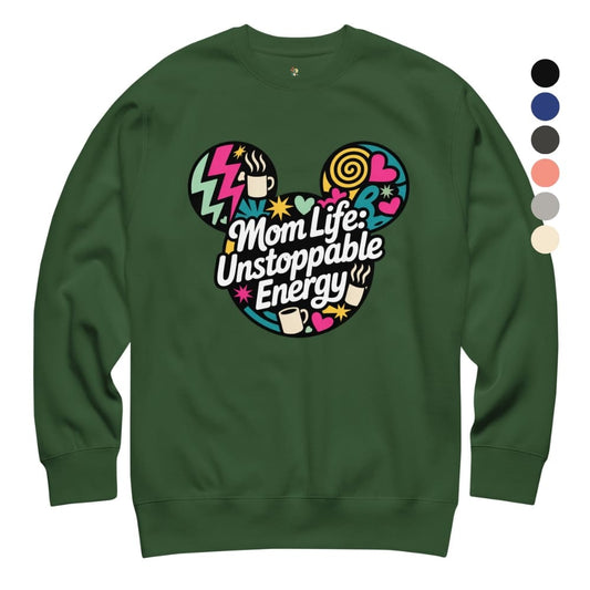 Green sweatshirt with colorful graphic and text on a white background