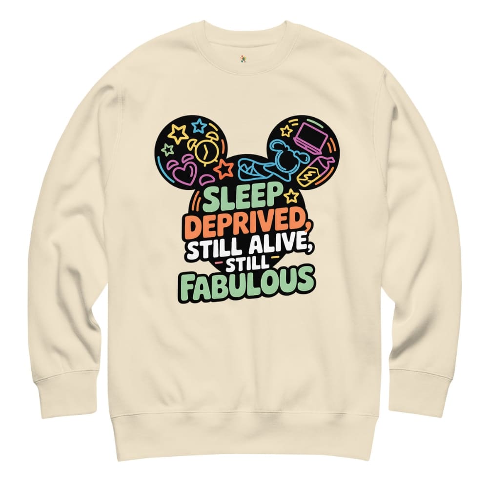 Beige sweatshirt with colorful graphic and text on a white background