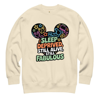 Beige sweatshirt with colorful graphic and text on a white background