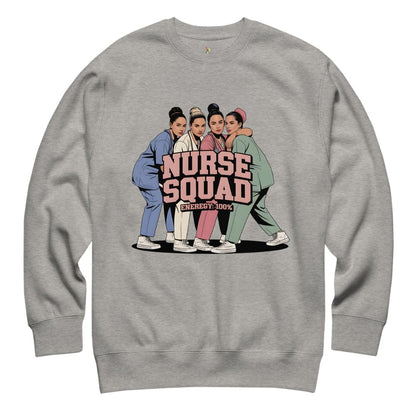 Gray sweatshirt with 'Nurse Squad' graphic on a white background