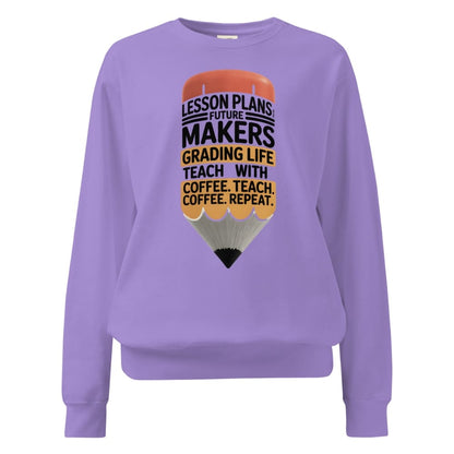 Purple sweatshirt with a pencil graphic and text on a white background