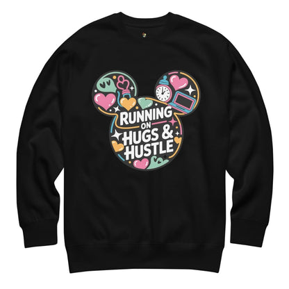 Black sweatshirt with colorful graphic and text 'Running on Hugs & Hustle' on a white background