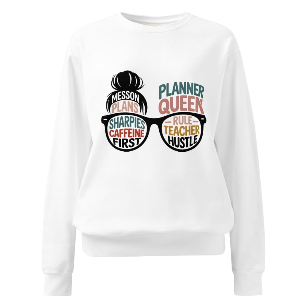 White sweatshirt with colorful text and graphic design on a white background
