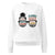 White sweatshirt with colorful text and graphic design on a white background