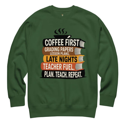 Green sweatshirt with teacher-themed text and graphics on a white background