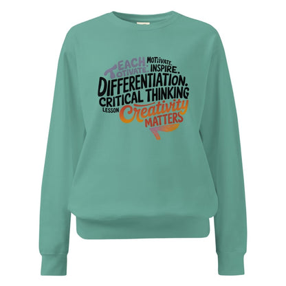 Teal sweatshirt with motivational text on a white background