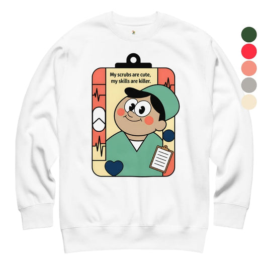 White sweatshirt with a cartoon character design on a white background