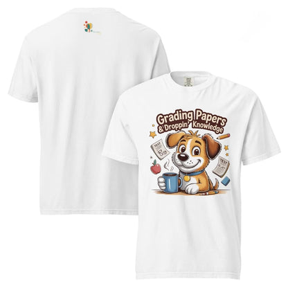 White t-shirt with cartoon dog design and text on a white background