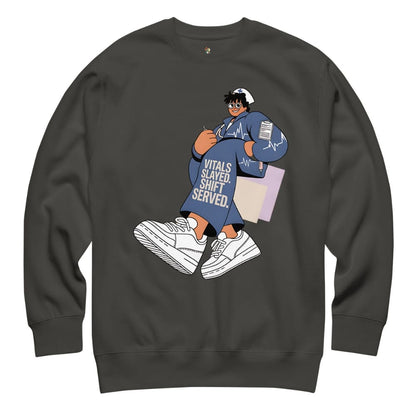 Dark gray sweatshirt with graphic of person in blue outfit and sneakers on a white background
