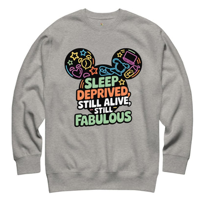 Gray sweatshirt with colorful graphic and text on a white background
