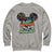 Gray sweatshirt with colorful graphic and text on a white background