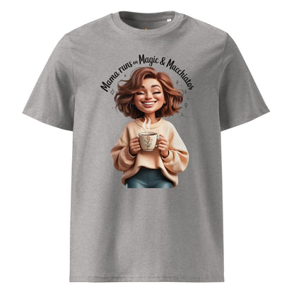 Gray t-shirt with a graphic of a woman holding a coffee cup and text 'Mama runs on magic & macchiatos' on a white background.