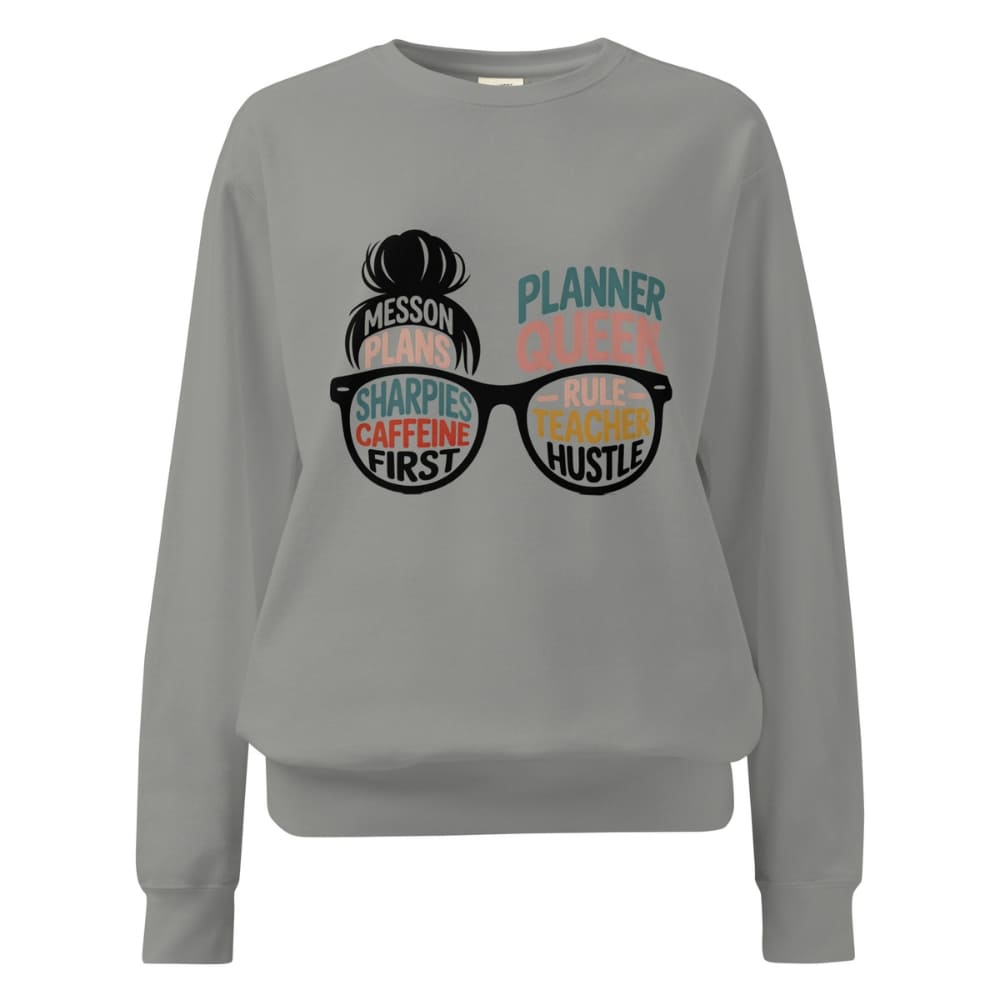 Gray sweatshirt with graphic design and text on a white background